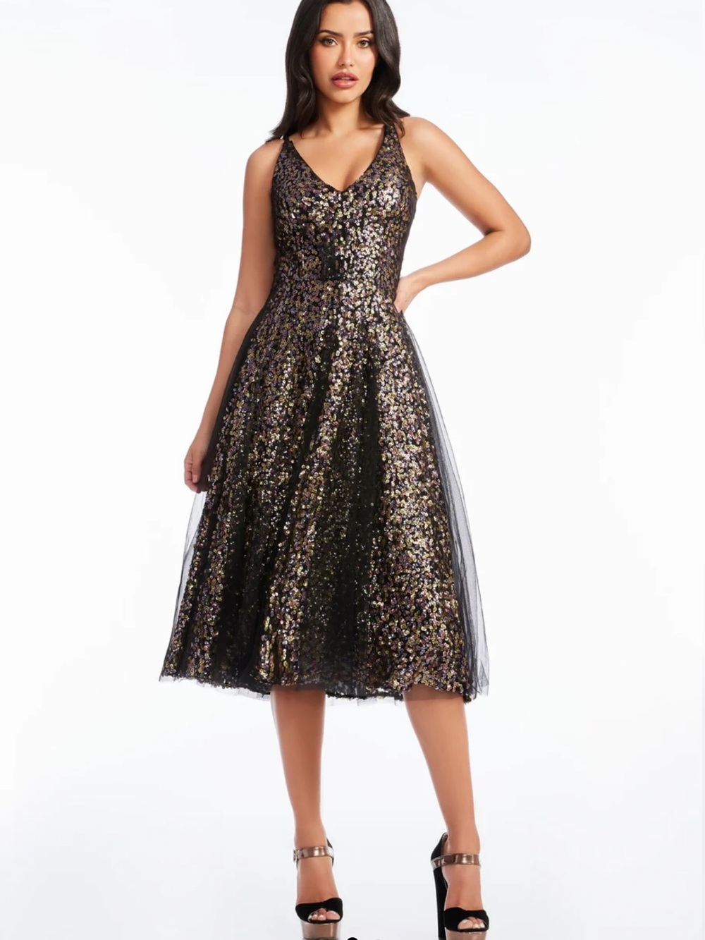 NWT | DRESS THE POPULATION Courtney Sequin Midi Dress Pewter Multi Size XXL